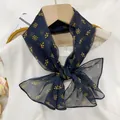 Elegant navy blue floral sheer chiffon scarf streamer tied in a decorative bow - Shining Star Pattern