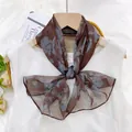 Elegant brown and blue floral print chiffon ribbon scarf with delicate gauze texture - Vintage Rose