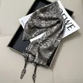 Luxurious grey abstract print silk scarf featuring elegant black beaded tassel details - Grey Brown Abstract Print with Beads (Style-49)