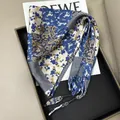 Elegant blue floral and paisley patterned silk triangle waist scarf with black stripes - Patchwork Paisley Stripe (Style-22)