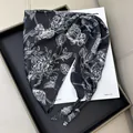 Elegant black triangular silk waist scarf featuring intricate white floral line art - Black Background with White Rose Pattern (Style-31)