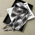 Elegant black and white houndstooth triangle silk scarf waist wrap with beaded ties - Black and White Stripe Houndstooth Beaded Style (Style-34)