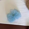 Detail of light blue gingham mesh bow hair claw clip for elegant updos and hairstyles - Checkered Bow Banana Clip / Blue