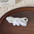 Detail of cute white layered mesh bow hair clip with embroidered bear ornament - Beige Bear Style (FJ160) / Beige Bear Hair Clip