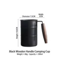 Tasse de camping en acier inoxydable noir avec poignée en bois pour café 350ml - 350ml / Style Camping Poignée Bois / Noir mat