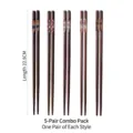 Set of five pairs of Japanese black walnut wood chopsticks with patterns, 22.5cm length - Combination Set / 5 Pairs/Pack