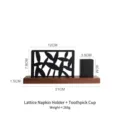 Black hollow napkin holder with wooden base and toothpick cup for table organization - Napkin Holder with Toothpick Cup