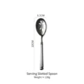 Stainless steel serving slotted spoon with Roman column handle and floral cutout patterns - Service Slotted Spoon