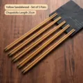 Premium set of 5 pairs natural yellow sandalwood chopsticks with elegant golden metal tips - Yellow Rosewood / 5 Pairs
