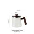 Heat-resistant glass teapot featuring a wooden handle and lid, detailed dimensions shown - Transparent Crescent Teapot (271g)