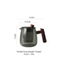 Elegant smoky grey glass teapot with ergonomic wooden handle and infuser for Kung Fu tea - Smoky Gray Kung Fu Teapot (269g)