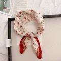 Close-up detail of vintage pastoral floral cotton linen neck scarf with red rose - 58cm / Little Red Flower