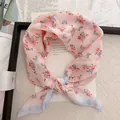 Detailed view of a pink floral cotton linen square scarf with pastoral patterns - 58cm / Pink Floral with Blue Edge