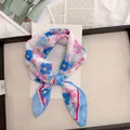 Detailed view of a vintage floral cotton linen square scarf with blue and pink patterns. - 58cm / Blue Watercolor Floral