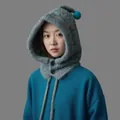 Detail of a grey knitted balaclava hat with colorful speckles and a blue pom-pom. - Gray