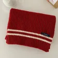 Detailed view of soft red knitted academy style scarf featuring white stripes texture - 160cm/Pack / Ribbed Stripes