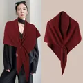 Burgundy wool blend knitted shawl wrap shown on model and as a flat lay product view - Ancorra Red