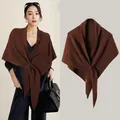 Elegant brown wool blend knitted shawl wrap with a stylish cross-knot detail design - Coffee