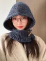 Winter blue knitted alpaca wool balaclava with toggle buttons and hood for women - M (56-58cm) / Melange Blue