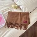 Cozy brown wool blend solid color scarf with long fringe and chic 'she talk' label - 190cm / Coffee Brown