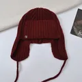 Cozy burgundy 100% wool knitted balaclava hat with protective ear flaps for winter - One Size / Burgundy