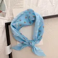 Light blue cotton linen neckerchief with red cherry and white paisley floral patterns - 58cm / Blue Cherry
