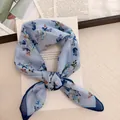 Light blue floral print cotton linen square scarf necktie with vintage pastoral style - 58cm / Flower Blue
