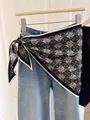 Elegant floral print triangle silk scarf used as a stylish waist accessory for women - Blue Plaid Floral