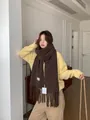 Stylish dark brown wool scarf with tassel details worn by a model in a minimalist room - Brown