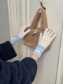 Detailed view of sweet Korean style retro knit wool gloves with blue ribbed cuffs for women - One Size / White and Light Blue Edge