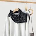 Black paisley cotton linen square scarf styled as a neck accessory on a sweatshirt - RZ6558-Black