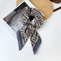 Elegant cotton linen square scarf with navy and beige geometric Greek key pattern - RZ6521 - Blue