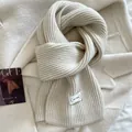 Premium winter warm cream white ribbed knit scarf featuring a minimalist brand label - 160x20cm / Off White