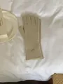 Korean style beige ribbed knit gloves featuring a minimalist oval metal tag detail - Gloves Only / Beige