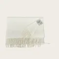 Detail of a premium white 100% Australian wool scarf with soft fringes and tag. - White