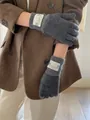 Grey knitted wool gloves for women featuring vintage label and warm five-finger design - One Size / Dark Gray and Light Gray Edge