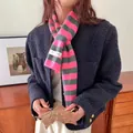 Winter pink and grey striped wool blend scarf with a stylish hole-through design - 92cm / Rose Red Grey