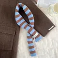 Soft wool blend blue and brown striped cross-through neck warmer scarf for women - 92cm / Blue Coffee Striped