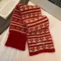 Vintage red and cream Fair Isle knitted scarf with heart pattern, handmade tag, 80x14cm - 80cm / Cherry Red