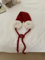 Red and white knitted winter ear muffs with adjustable ties for warmth. - One Size / New Year Red