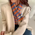 Stylish blue and orange striped wool blend scarf for women's winter warm fashion. - 92cm / Orange and Grey Striped
