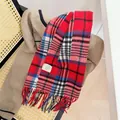 Detail view of the red plaid 100% Australian wool scarf with fringed edges and soft texture - 32x180cm / Red Vintage Plaid