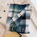 Premium green and white plaid 100% Australian wool scarf with fringed edges for women - 32x180cm / Beige and Green Plaid