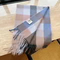 Vintage plaid 100% Australian wool scarf with tassels in pumpkin brown and blue tones - 32x180cm / Camel Blue Block Plaid