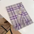 Elegant purple and grey plaid 100% Australian wool scarf featuring fringed tassels - 32x180cm / Purple Gray Plaid