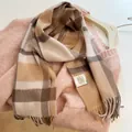 Vintage pumpkin brown 100% Australian wool checkered scarf with elegant tassels - 32x180cm / Classic Camel