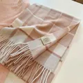 Pink and beige plaid 100% Australian wool scarf with tassels for winter - 32x180cm / Beige Camel Small Square Check