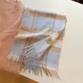 Soft 100% Australian wool plaid scarf in light blue and cream with fringe tassels - 32x180cm / Light Blue Plaid Check
