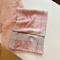 Pink and white plaid pattern wool scarf with elegant fringe tassels for winter fashion - 32x180cm / Pink Plaid