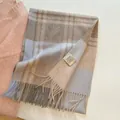 Premium 100% Australian wool plaid scarf with soft fringes in brown and blue check - 32x180cm / Light Brown Blue Plaid